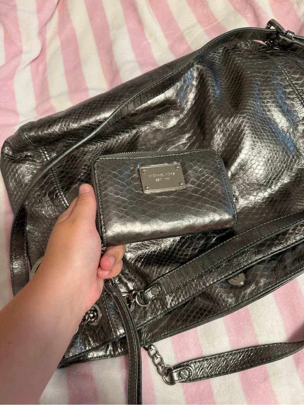 Michael Kors Metallic Black Snake-Embossed Shoulder Bag WITH matching Wallet